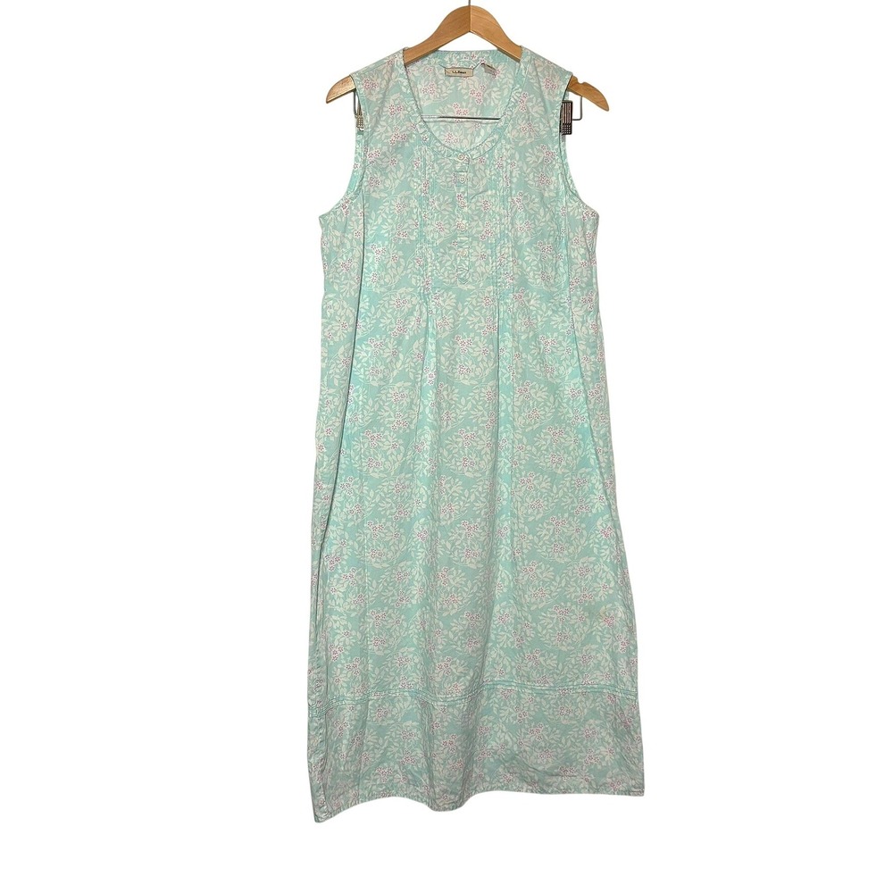 LL Bean Vintage Sleeveless Nightgown Cotton Floral Pintuck House Dress Blue M